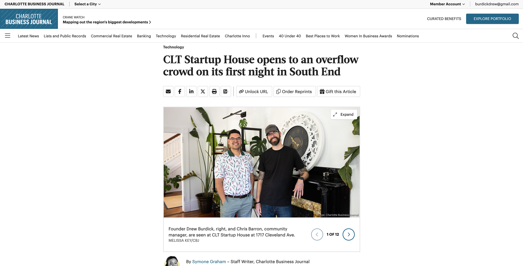 Charlotte Business Journal launch-night article about CLT Startup House